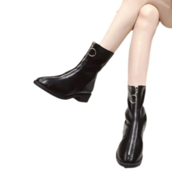 New Front Zipper Round Toe Chunky Heel All-match Mid-Cut Martin Boots - Picture 1 of 3